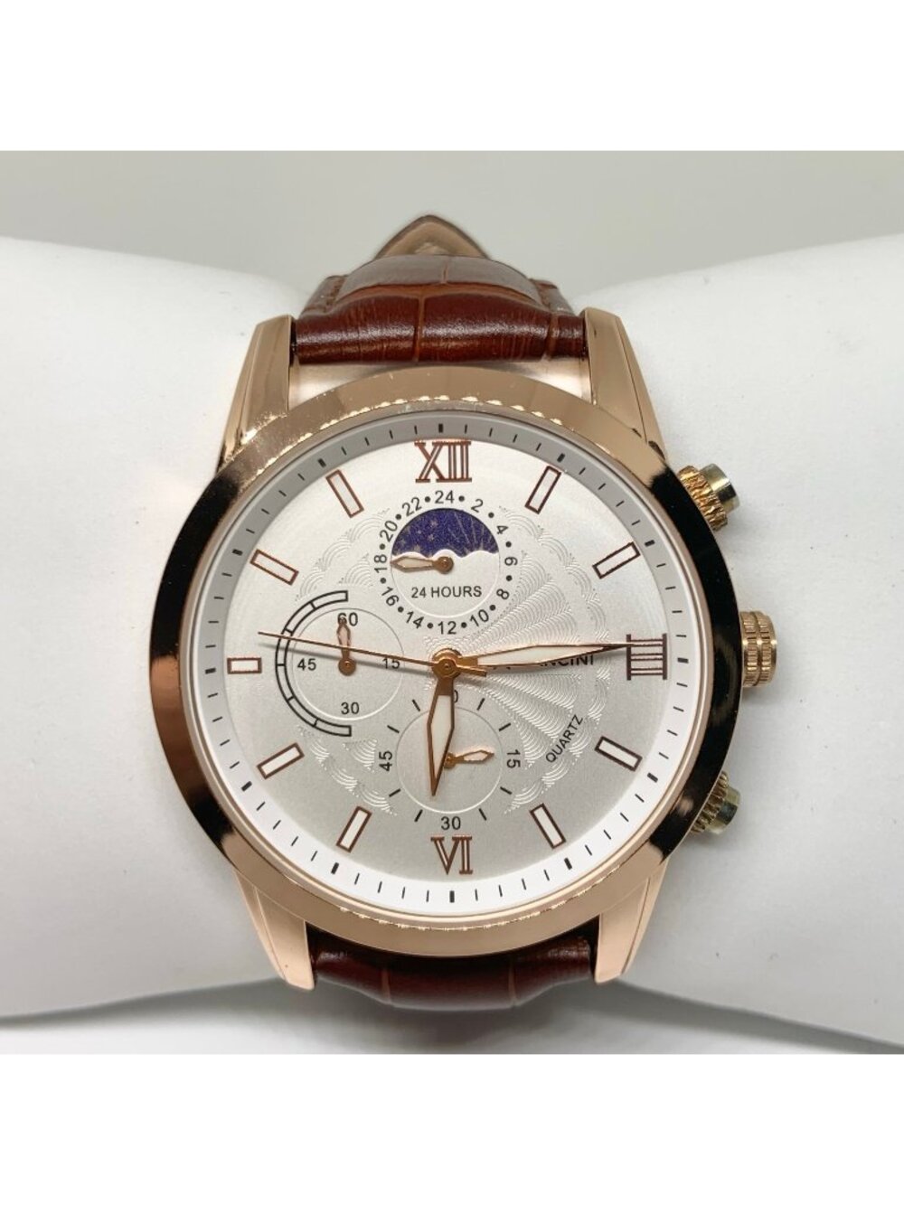 Mancini Moon phase men’s watch gold tone 44mm quartz brown leather running